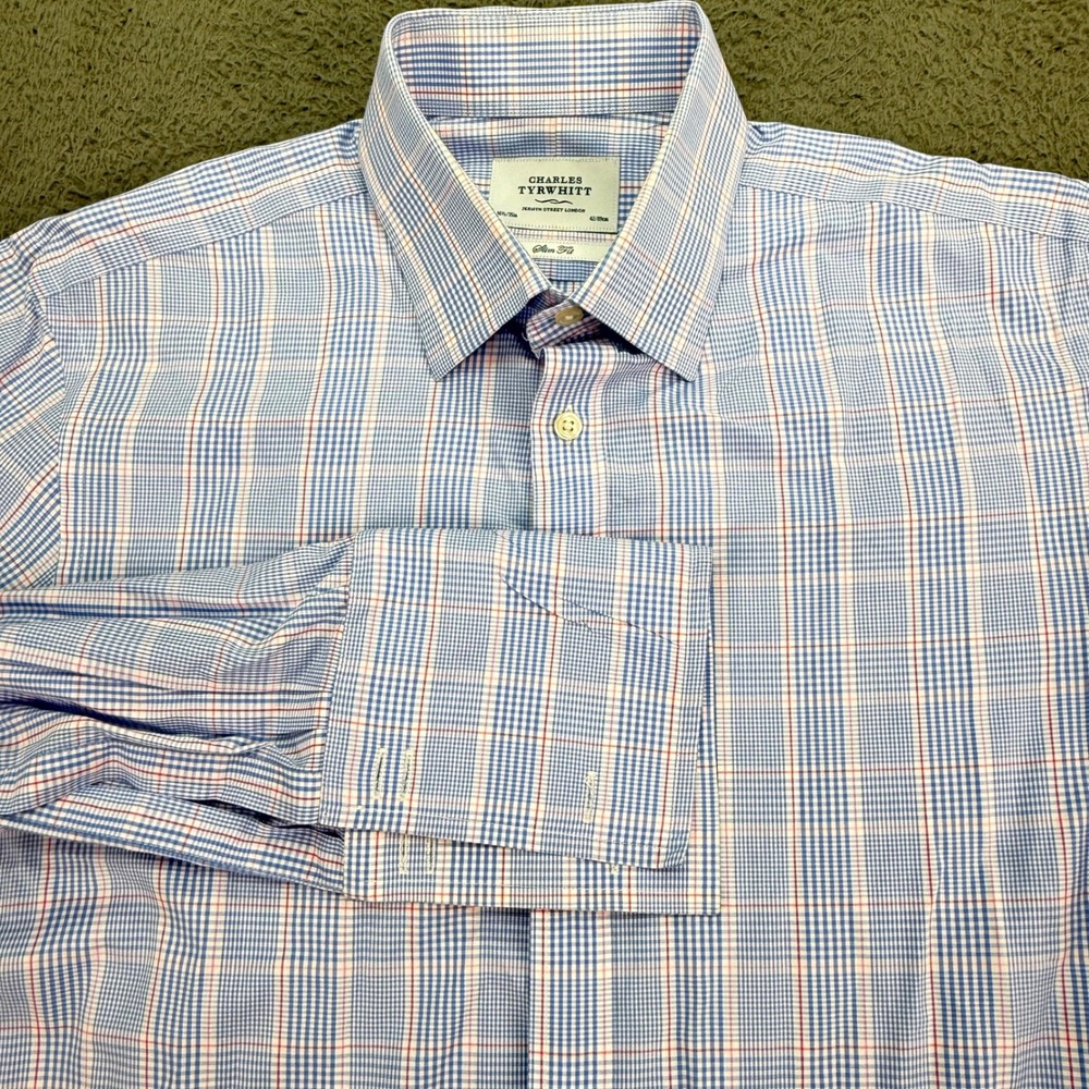 Charles Tyrwhitt Dress Shirt Mens 16.5/35 Blue Red Check Slim Fit French Cuff
